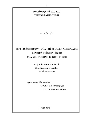 Luận án Một số ảnh hưởng của chùm laser xung gauss lên quá trình phân bố của môi trường bị kích thích