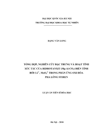 Luận án Tổng hợp, nghiên cứu đặc trưng và hoạt tính xúc tác của hidrotanxit (g-Al-CO₃) biến tính bởi Co²⁺, MoO₄²⁻ trong phản ứng oxi hóa pha lỏng stiren