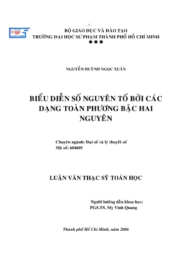 Luận văn Biểu diễn số nguyên tố bởi các dạng toàn phương bậc hai nguyên