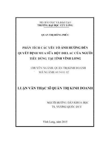 Luận văn Phân tích các yếu tố ảnh hưởng đến quyết định mua sữa bột Dielac của người tiêu dùng tại tỉnh Vĩnh Long