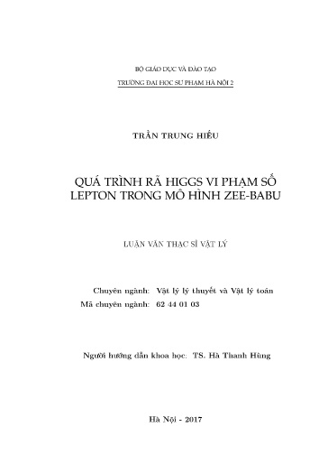 Luận văn Quá trình rã higgs vi phạm số lepton trong mô hình zee-babu