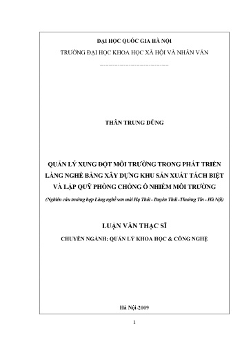 Luận văn Quản lý xung đột môi trường trong phát triển làng nghề bằng xây dựng khu sản xuất tách biệt và lập quỹ phòng chống ô nhiễm môi trường