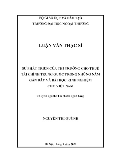 Luận văn Sự phát triển của thị trường cho thuê tài chính Trung Quốc trong những năm gần đây và bài học kinh nghiệm cho Việt Nam