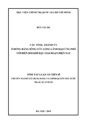 Tóm tắt Luận án Các tỉnh, thành ủy ở đồng bằng sông Cửu Long lãnh đạo ứng phó với biến đổi khí hậu giai đoạn hiện nay