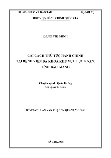 Tóm tắt Luận văn Cải cách thủ tục hành chính tại bệnh viện Đa khoa khu vực Lục Ngạn, tỉnh Bắc Giang