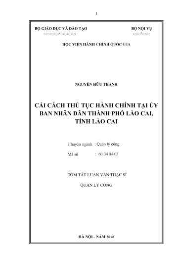 Tóm tắt Luận văn Cải cách thủ tục hành chính tại ủy ban nhân dân Thành phố Lào Cai, tỉnh Lào Cai