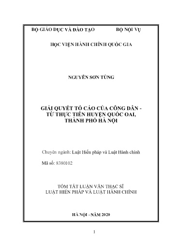 Tóm tắt Luận văn Giải quyết tố cáo của công dân từ thực tiễn huyện Quốc Oai, Thành phố Hà Nội