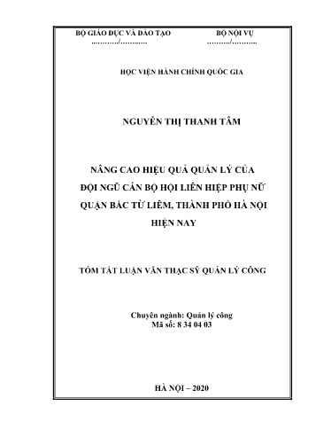 Tóm tắt Luận văn Nâng cao hiệu quả quản lý của đội ngũ cán bộ hội liên hiệp phụ nữ quận Bắc Từ Liêm, Thành phố Hà Nội hiện nay