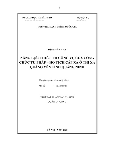Tóm tắt Luận văn Năng lực thực thi công vụ của công chức tư pháp, hộ tịch cấp xã ở Thị xã Quảng Yên tỉnh Quảng Ninh