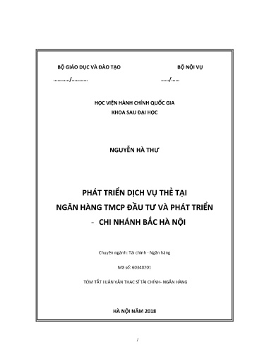 Tóm tắt Luận văn Phát triển dịch vụ thẻ tại ngân hàng TMCP Đầu tư và phát triển - Chi nhánh Bắc Hà Nội