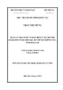 Tóm tắt Luận văn Quản lý nhà nước về bảo hiểm y tế cho trẻ em dưới 06 tuổi trên địa bàn huyện Krông Pắc, tỉnh Đắk Lắk
