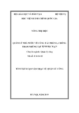 Tóm tắt Luận văn Quản lý nhà nước về công tác phòng, chống tham nhũng tại tỉnh Bắc Kạn