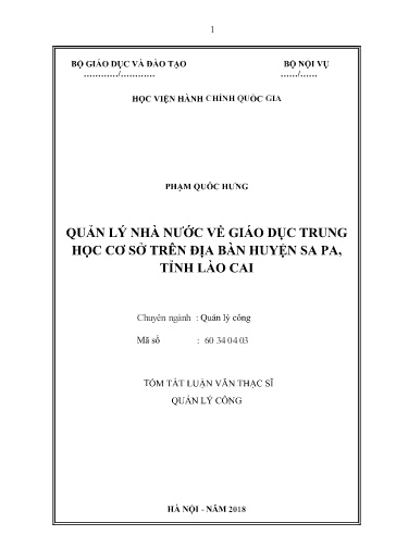 Tóm tắt Luận văn Quản lý nhà nước về giáo dục Trung học Cơ sở trên địa bàn huyện Sa Pa, tỉnh Lào Cai