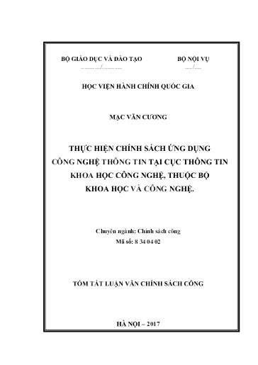 Tóm tắt Luận văn Thực hiện chính sách ứng dụng công nghệ thông tin tại cục thông tin khoa học công nghệ, thuộc bộ khoa học và công nghệ