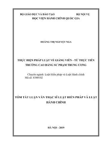 Tóm tắt Luận văn Thực hiện pháp luật về giảng viên. Từ thực tiễn trường Cao đẳng Sư phạm trung ương